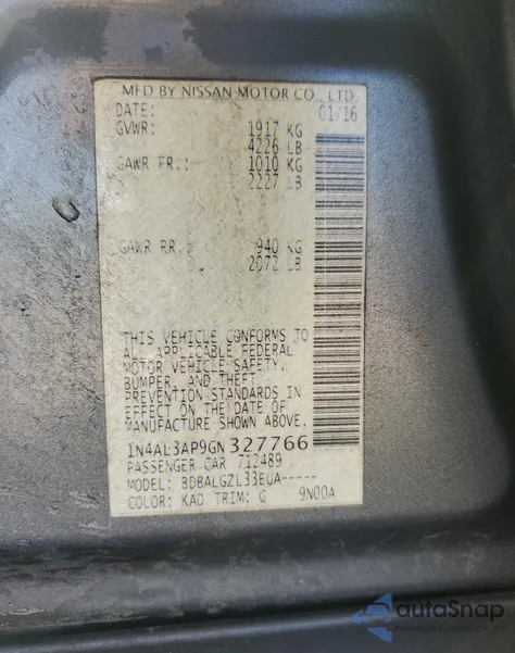 2016 Nissan Altima 2.5 from USA, damaged, VIN 1N4AL3AP9GN327766